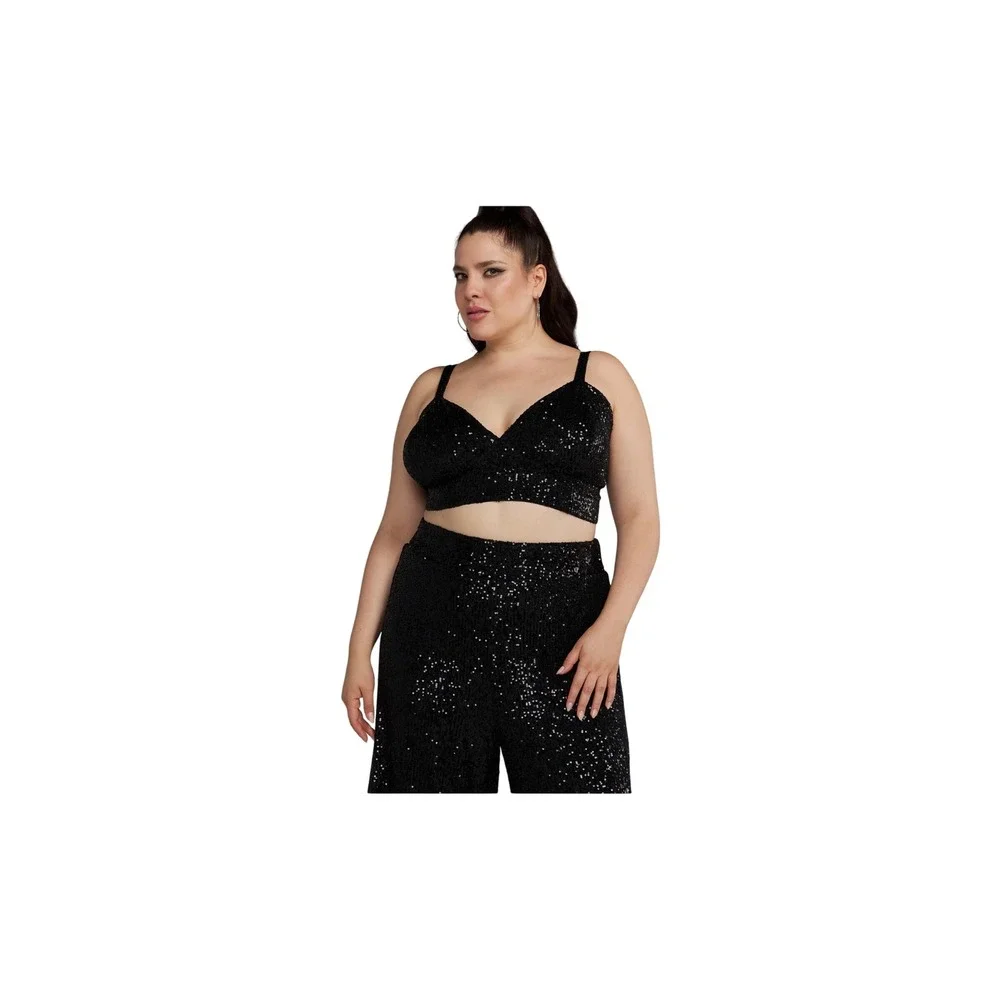 Fashion To Figure Women's Sequin Crop Top sz 2 & Wide Leg Pant‎ sz 3 Set